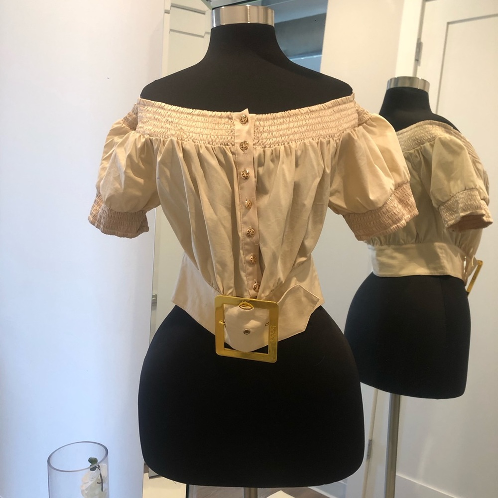 Bebe champagne off the shoulder crop top